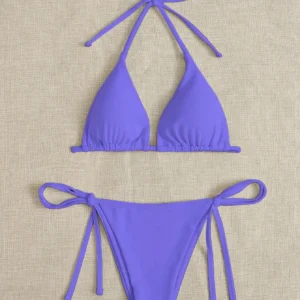 Solid color three-point bikini strap-on women's swimsuit set