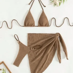 Sexy Brown Bikini Set 2024 Women Halter Push Up Bra Skirt