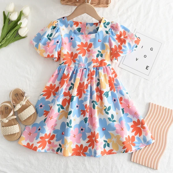 New Baby Girls Colorful Floral Short-sleeved Dresses - Image 2
