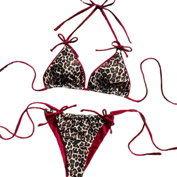 Red Leopard Bikinis Bowknot String Backless Swimsuit - Image 5