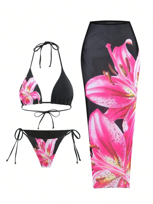 New Flower Bikini Set Women's High Waist Long Skirt