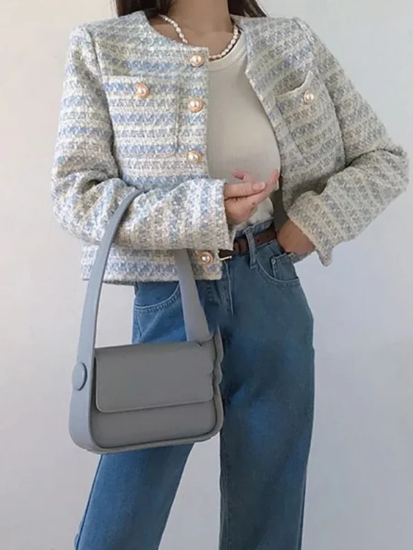Winter Women Elegant Tweed Cardigan Short Coat - Image 2