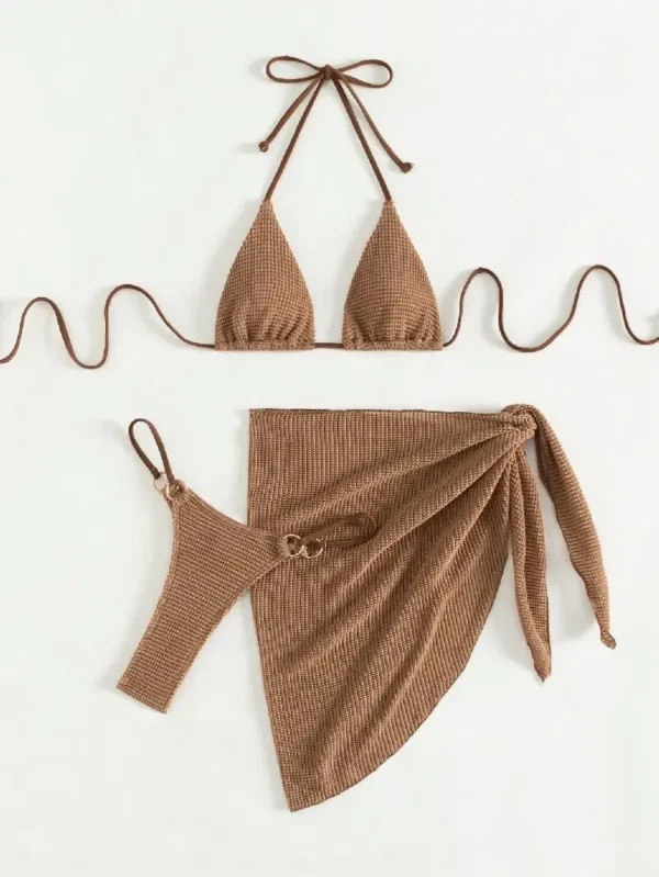 Sexy Brown Bikini Set 2024 Women Halter Push Up Bra Skirt - Image 2