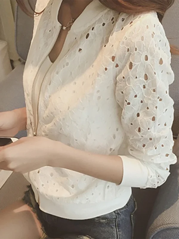Women's Clothing Hollow Out Breathable Bomber Jacket - Image 2
