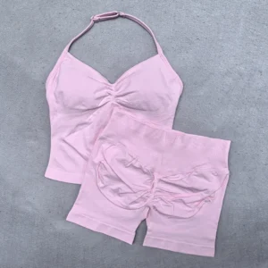 2 Pieces Women Yoga Set Seamless Adjustable Strappy Scrunch Sports Shorts