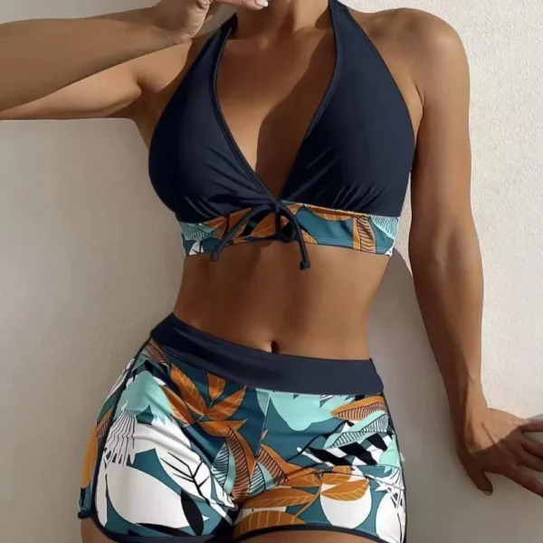 Fashion Printed Swimsuit Women Spliced Lace Up Sporty Surfing Bikini - Image 3