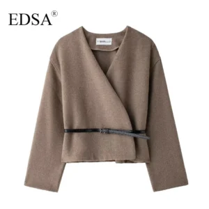 EDSA Women Soft Belted Jacket Wrap V-neck Long Sleeves
