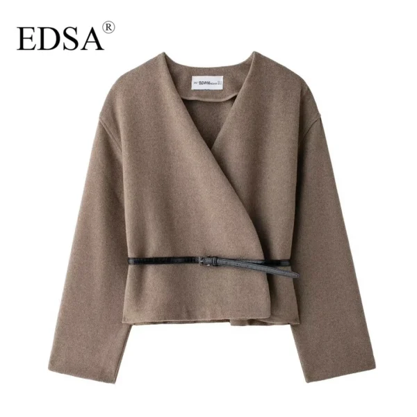 EDSA Women Soft Belted Jacket Wrap V-neck Long Sleeves