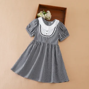 Kids' Plaid Dress with Peter Pan Collar Short Puff Sleeves
