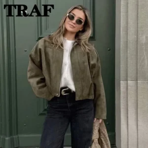 TRAF Women Green Suede Jacket Spring Fashion Long Sleeve