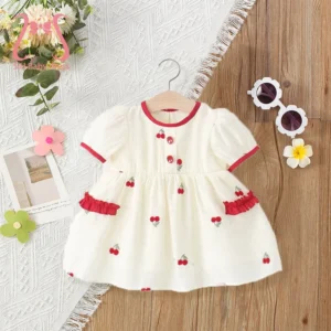 Adorable Children Beige Dress Sweet Cherry Dresses Kid Clothing