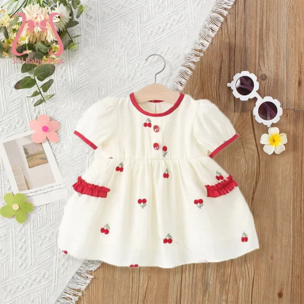 Adorable Children Beige Dress Sweet Cherry Dresses Kid Clothing