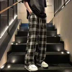 Casual Plaid Men's Pants Japanese Style Vintage Loose