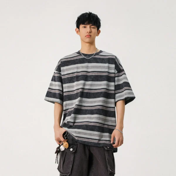 Mens Striped Short Sleeve Tshirt Cotton Loose Fit Breathable - Image 3