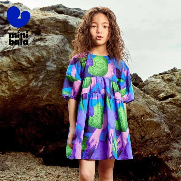 Beach Dress Girls Dresses Pure Cotton Raglan Sleeve - Image 2