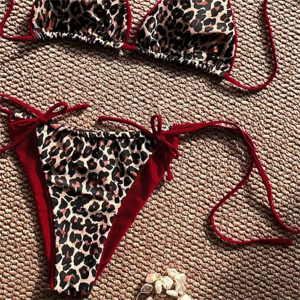 Red Leopard Bikinis Bowknot String Backless Swimsuit - Image 3