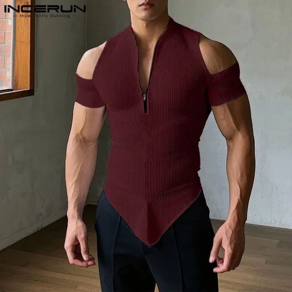 Short Sleeve Men T-shirts Solid Irregular Tops