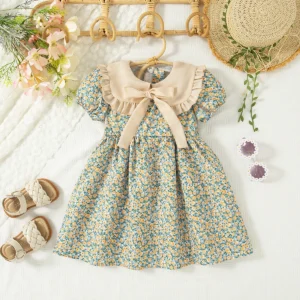 Girl Dress Flower Printed Casual Dress Cute Collar Bow