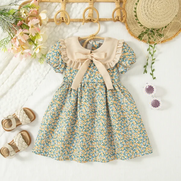 Girl Dress Flower Printed Casual Dress Cute Collar Bow