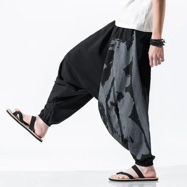 Men Cotton Linen Cropped Japanese Style Baggy Pants - Image 2