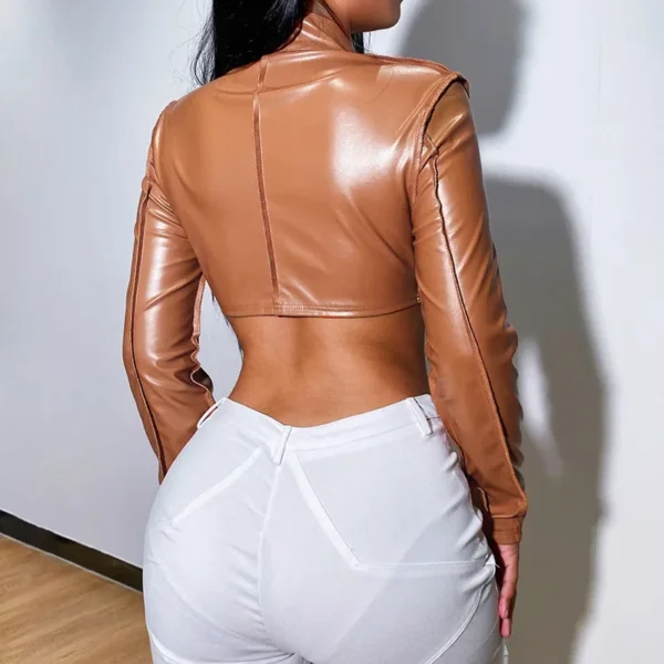 Cropped Jacket Women's Sleeve Leather Jacket Zippered - Image 2