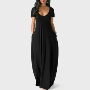 Plus Size Solid Deep V Sexy Short Sleeve Long Dress