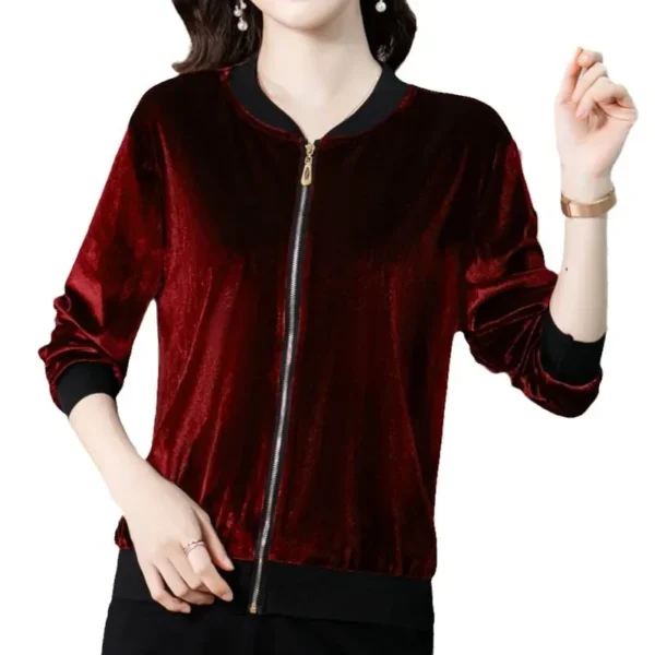 Women's Velvet Baseball Jacket Open Cardigan Long Sleeve - Image 2