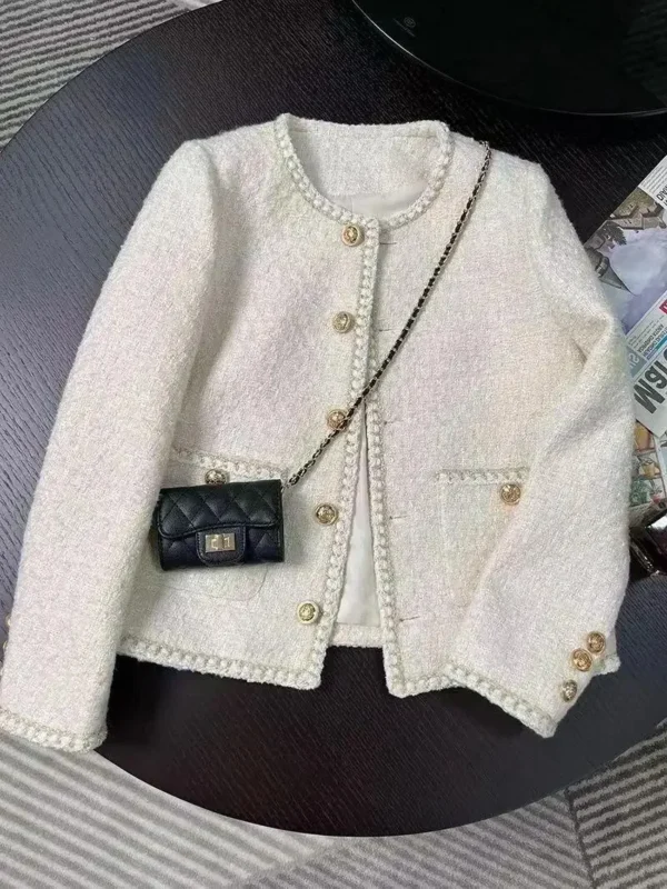 Spring Korean Style White Cropped Tweed Jacket - Image 4