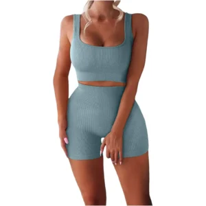 Women's Sexy Fitness U-Neck Vest Two-piece Set Ribbed Vest