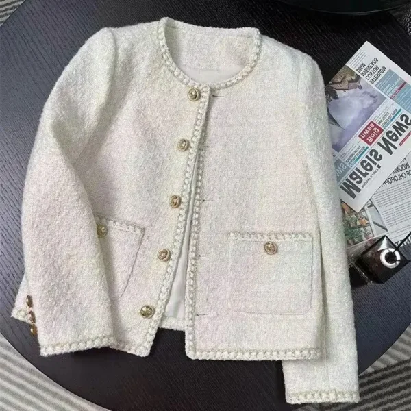 Spring Korean Style White Cropped Tweed Jacket - Image 3