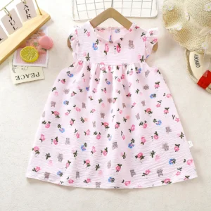 Children's Girls Dress Casual Floral Soft Flying Sleeve Cotton