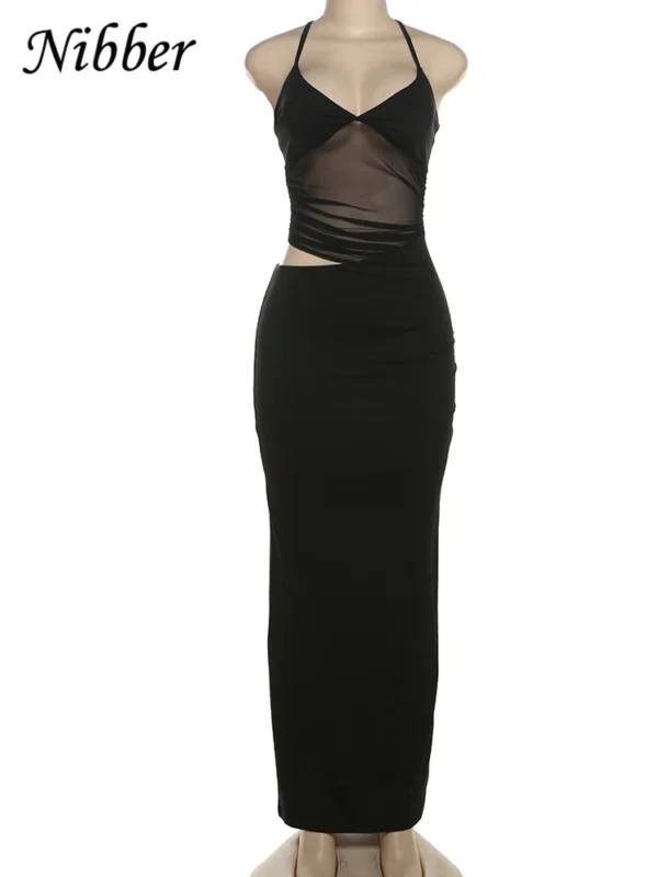 Nibber Mesh Patchwork Backless Maxi Bodycon Dress - Image 6