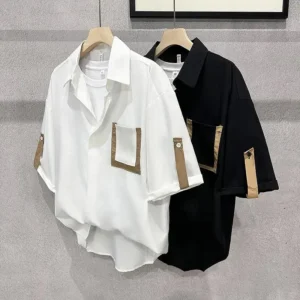 Plain Half Sleeve Black with Pocket Shirts for Men White Tops