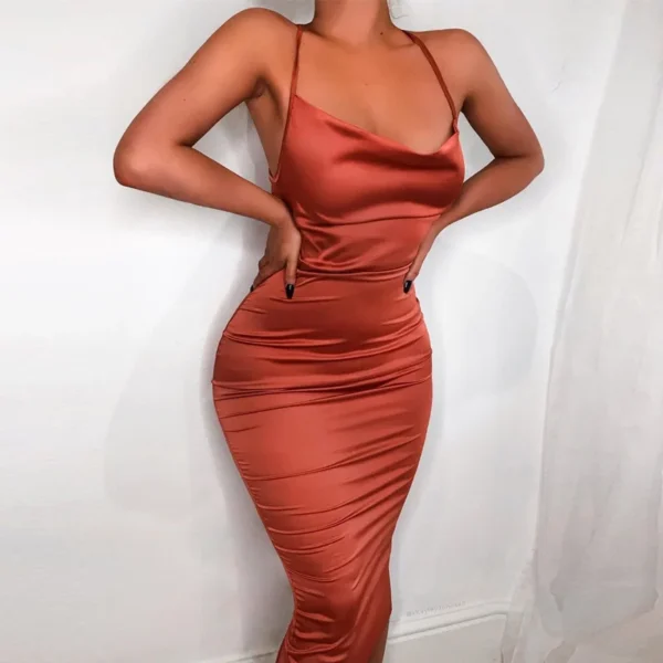 Neon Satin Lace Up Light Pink Backless Bodycon Midi Dress - Image 2