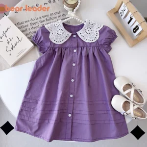 Girls Summer Dress Lace Collar Puff Sleeved  Children Clothes