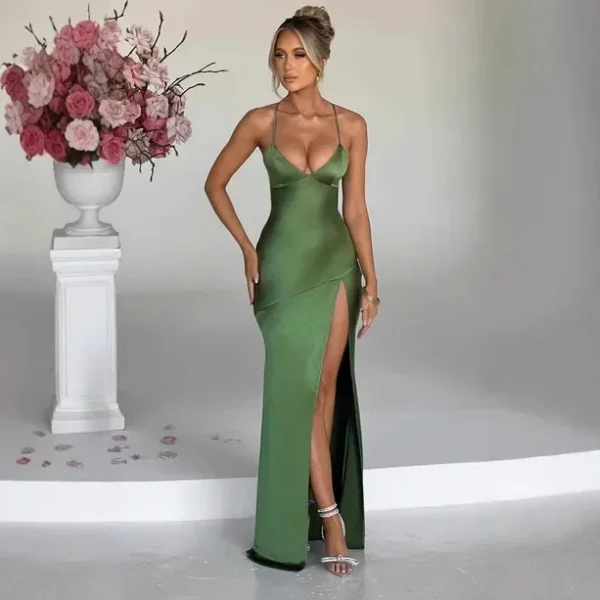 Summer Sexy Satin V-Neck Split Backless Long Dress - Image 3