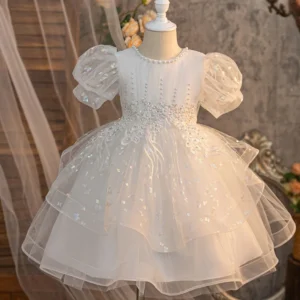 Girls' Bow Bead Embroidered Fluffy Skirt Baby Mesh Dress