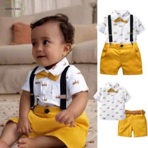 Kids Boys Clothes Sets Gentleman Suit Short Sleeve Shirt Bowtie