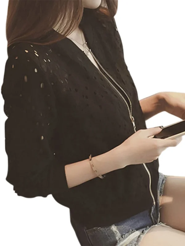 Women's Clothing Hollow Out Breathable Bomber Jacket - Image 4