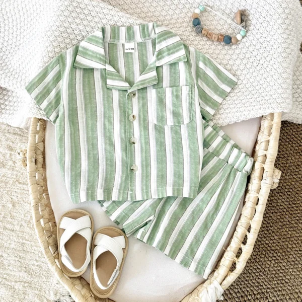 Newborn Baby Boys Girls Clothing Summer Set Green Stripe - Image 3