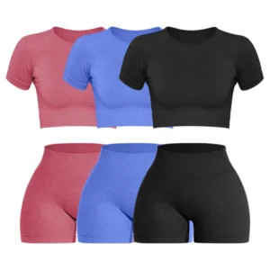 2PCS Women's Sports Yoga Set Seamless Ribbed Knitted Fitness Sportswear