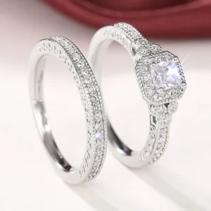 925 Sterling Silver Set Rings for Women 2Pcs Luxury Cubic Zircon