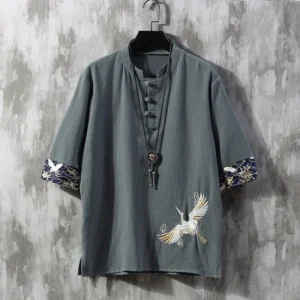 Chinese Style Men's Embroidered Cotton Linen Sleeve T-shirt
