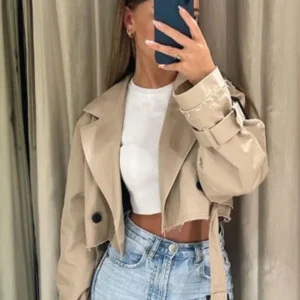 Belt Cropped Trench Spring Jacket Women Vintage Streetwear