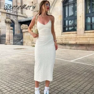 WhereMery Y2K Backless Sleeveless Slim Knit Long Dress