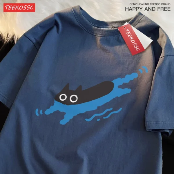 Couple Tees Swimming Black Cat Diving Shoulder Short Sleeved T-shirt - Image 2