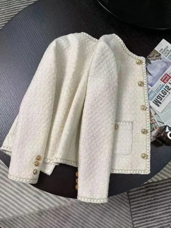 Spring Korean Style White Cropped Tweed Jacket - Image 2