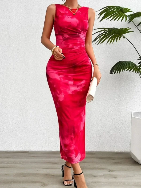 Spring Summer Printed Round Neck Sleeveless Slim Dress with Split - Image 4