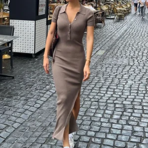 Nibber Solid Color Single-Breasted Maxi Dress with Middle Collar