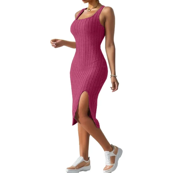 Ribbed Sleeveless Bodycon Midi Dress Square Neck Solid Color - Image 2